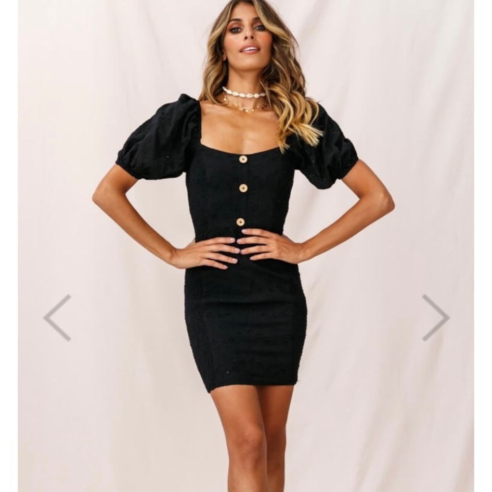 Darling Puff Sleeve Shirred Dress Black